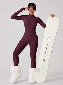 Women Seamless Front Zipper Long Sleeve Ski Jumpsuit, Tight-Fitting Activewear For Fitness Training,Stretchy Shapewear - Burgundy - View 6