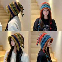 1 Piece/Women's Winter Crochet Colorful Pom Pom Beanie, Tassel Braided Design Warm Earmuff Hat, Contrasting Color Knitted Hat, Suitable For Daily Wear Bohemian Style, Christmas Gift - 酒紅色 - 查看 3