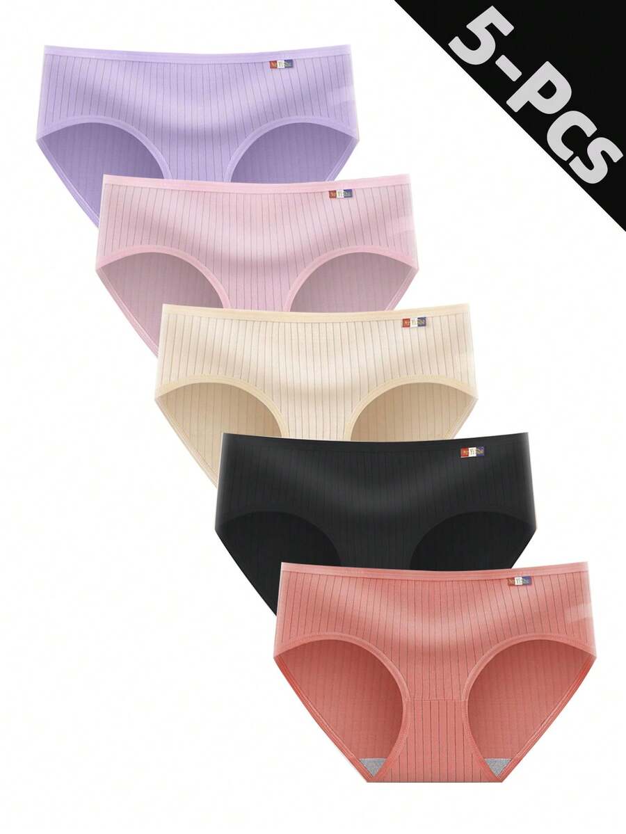 5pcs/Pack Minimalist Style Lightweight Mixed Color Breathable Polyester Panties, Comfortable Daily Underwear For Young Women - Multicolor - View 1