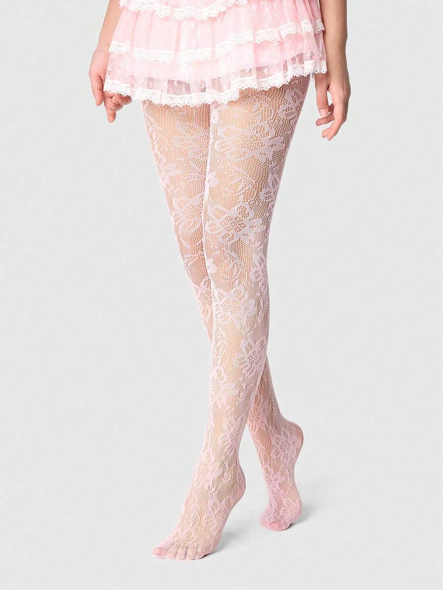 1Pc Stockings European & American Style Sexy Floral Lace Mesh Tight Pantyhose, Retro Opaque Pink Version, Thin & Elastic Breathable Material, Eye-Catching Legwear For Women's Dates/Parties - trắng - Xem 1