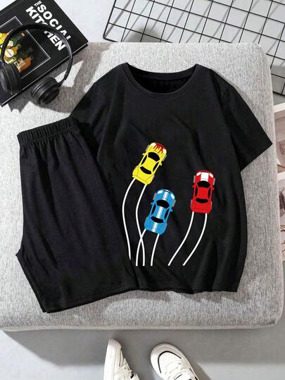 Set de 2 piezas con camiseta de manga corta con estampado de coche y pantalones cortos para niño, conjunto casual