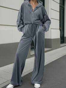 Plus Size Women 2 Piece Set, Solid Color Hooded Zip-Up Long Sleeve Sweatshirt/Jacket + Wide Leg Pants, Casual Loose Plus Size 2 Piece Outfit, Plus Size Winter Clothing, New Year Women Apparel - Grey - View 2