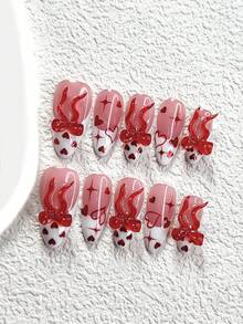 10Pcs Romantic Valentine's Day Style Handmade Press On Nail,Polygel Nail Set,Hand Drawn Hearts Fake,Red,White Nail Polish,Opulent Style,Includes Nail Tools,3 Sizes Available,Almond,Duck,Coffin Nails For Party,Dance,Daily Wear. - 彩色 - 查看 3