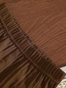 Set de 2 piezas: Camisa de manga corta con botones y estampado para niños pequeños, con tela a rayas texturizada. Pantalones cortos de unicolor con cintura elástica, adecuado para uso diario casual y salidas - Albaricoque - Ver 7