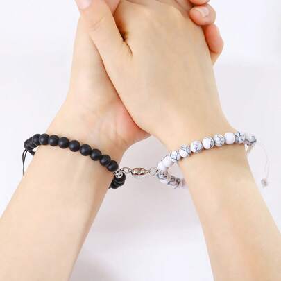 Couple's Bracelet Set Classic Matching Set Black & White Magnetic Heart Bracelets Adjustable Heart Pendant Bracelets For Men & Women Braided Beaded Bracelets