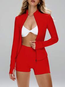 This Elegant Winter Commuter Jacket Features Long Sleeves With Thumb Holes, A Full-Zip Design, And A Slim, Stretchy Fit, Suitable For Conservative Outdoor Commuting Occasions. The Stand Collar Design, Paired With Thumb Hole Cuffs And A Slim-Fit Zipper, Exudes A Refined And Elegant Look. The Long Sleeve Design And Thumb Hole Details Accentuate A Slender Figure. Women's Winter Stand Collar Jacket