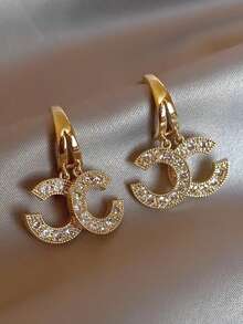 一对奢华闪亮金色双C形水晶耳环 - 复古优雅百搭配饰 - 金色 - 查看 3