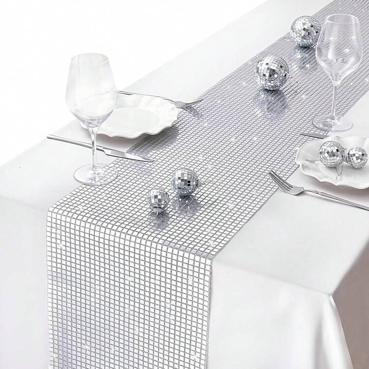 1pc Sequin Rectangle Runway Table Runner, Silver Shiny For Birthday Party, New Year Holiday, Dining Table Decor, Also Suitable For Stage Background Wall Decoration - Multicolor - View 5