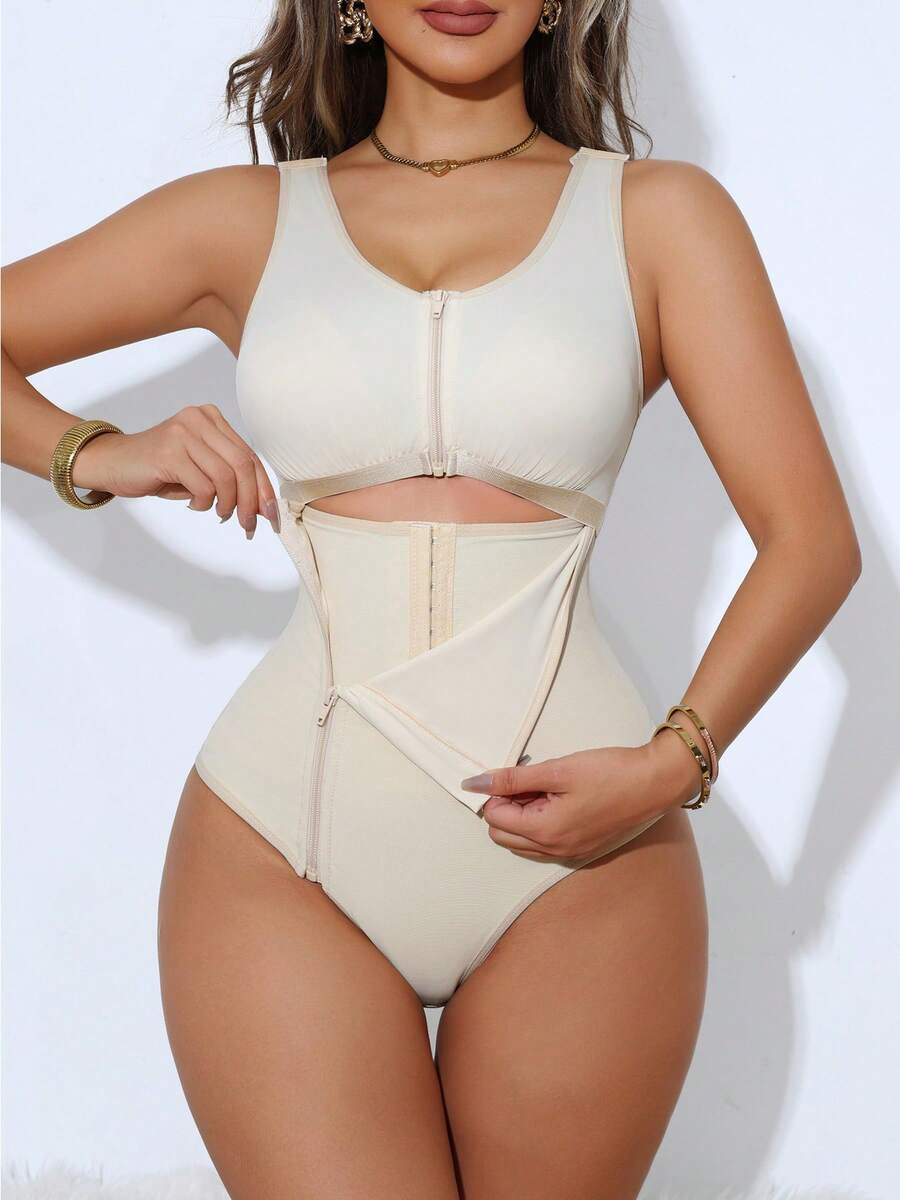 新款一体式塑身文胸，侧拉链设计，提供胸部支撑和腹部控制，女士多功能塑身衣