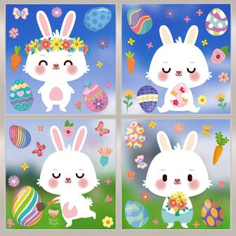 1 Set Of 9 Pcs Easter Themed Window Clings, Includes Rabbit, Eggs, Flowers, Carrots Patterns, Removable Static Cling Glass Stickers, Suitable For Bedroom, Living Room, Entryway Decor