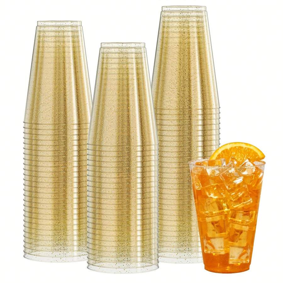 100 Count 14 OZ Gold Glitter Heavy Duty Large Plastic Cups, Disposable Plastic Glasses Tumblers, Elegant Wedding Birthday Christmas Party Cups - Gold - View 1