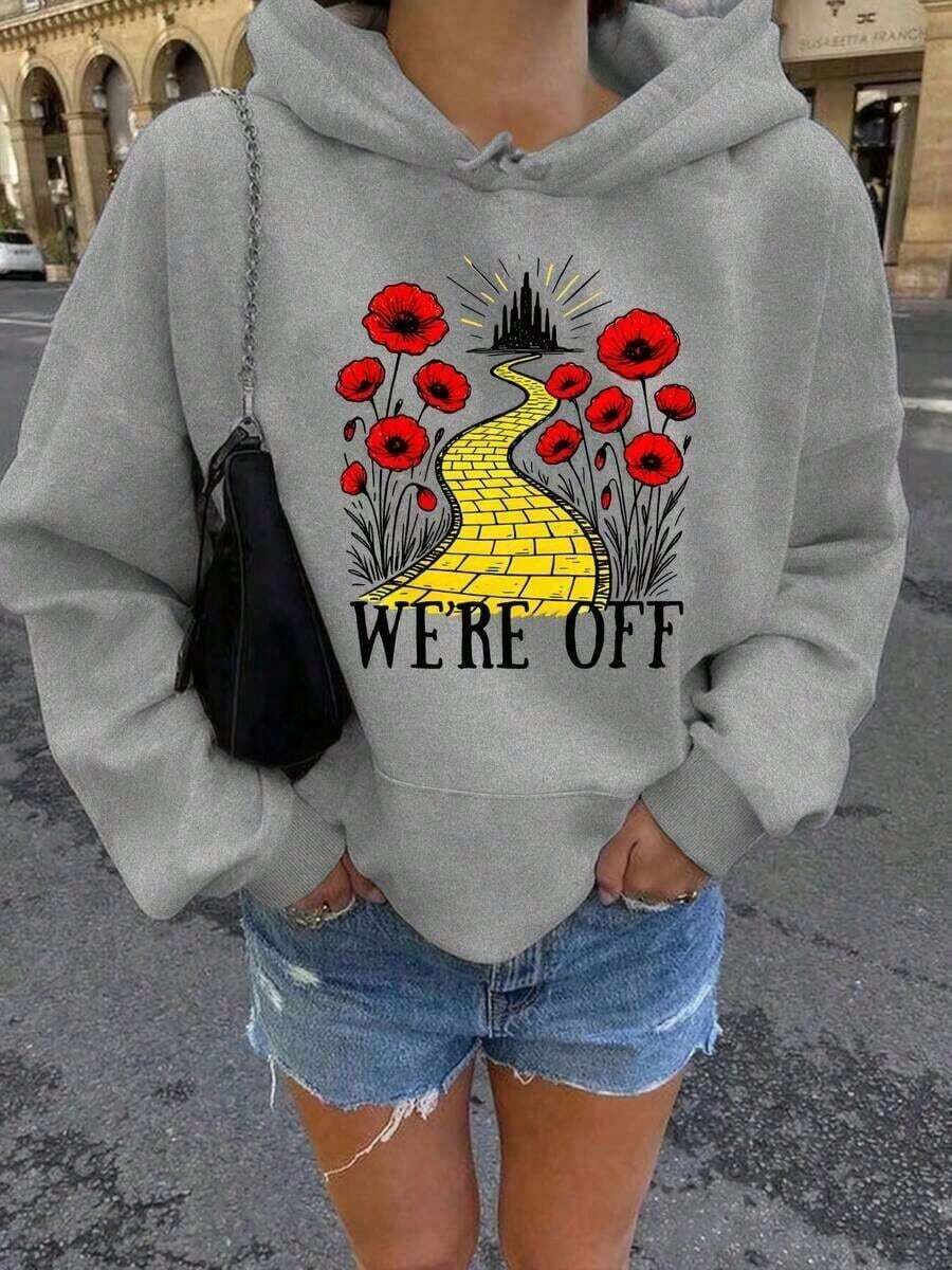 Inspired Yellow Brick Road & Flowers Graphic Oversized Hoodie - Gray WE'RE OFF Quote Casual Daily Movie Fan Pullover Women - Xám - Xem 1