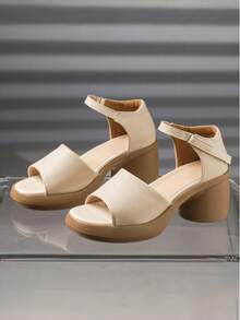 女士优雅搭扣装饰高跟穆勒凉鞋，细跟，百搭时尚绑带凉鞋 - 杏色 - 查看 4