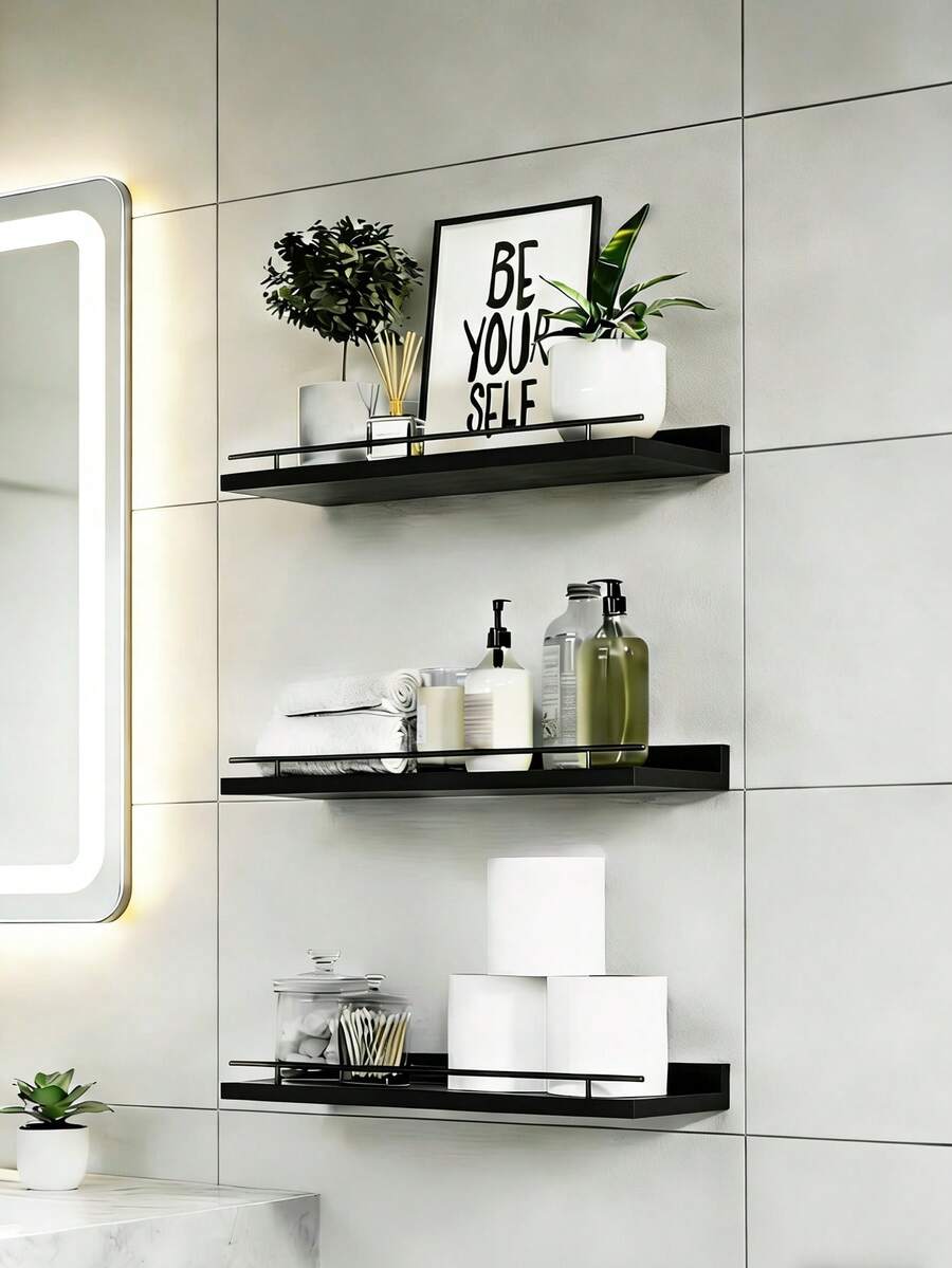 3PCS Estante de pared para baño, cocina, sala de estar, estante divisorio flotante con diseño modular, fuerte capacidad de carga para decoración de libros, versátil para la organización y exhibición del hogar - Negro - Ver 1