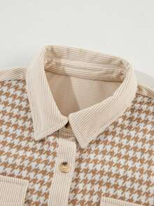 Astylish Áo khoác sơ mi ấm áp bằng vải nhung kẻ sọc Houndstooth chắp vá dành cho nữ - Màu be - Xem 8