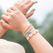 FANCY SHINY Wave String Bracelets Braid Puka Shell Bead Bracelets Handmade Cute  Boho Easter Jewelry Gifts For Women - Coral - 查看 2