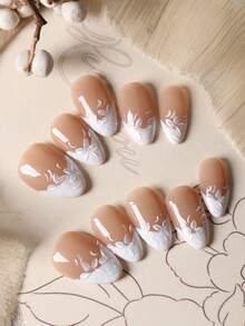 Bộ 10 móng tay giả acrylic hình hạnh nhân màu trắng kiểu Pháp, móng cánh hoa, móng giả ngắn dùng cho đám cưới, công sở, hàng ngày, bộ móng nhân tạo bao gồm 1 tờ keo dán và 1 dũa móng mini, dụng cụ làm móng thủ công. - Nhiều màu - Xem 2
