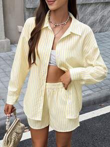秋季女士休闲条纹衬衫和短裤两件套梭织套装 - 黃色 - 查看 10