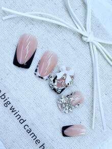Y2K 24Pcs Set French Style Black & White Tie Dye Polka Dot Press-On Nails, Reusable, With Bowknot, Star Rhinestones, Cute & Chic, Suitable For Dates, Spring, New Year, Christmas, Daily, Birthday, Festival, Spring/Summer New Arrival Nail Supplies Nails - 黑白5 - 查看 6