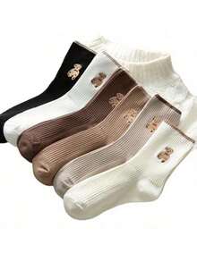 5 pares de calcetines bordados con osos de peluche lindos, unisex - de punto acanalado suave, disponibles en varios colores, aptos para todas las estaciones, ligeros y cómodos - Sin Molde - Ver 8