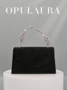 OpulAura 女士欧美风黑色丝绒翻盖晚宴包，闪耀优雅水晶装饰手提包，奢华正式晚宴手拿包，链条单肩包，适合晚宴、派对、生日、婚礼、新娘配饰 - 黑色 - 查看 10