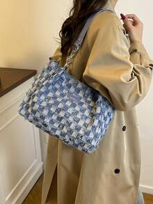 Sac fourre-tout pour femmes, sac à bandoulière en canevas à carreaux bleus, sac à main souple de grande capacité, mode et minimaliste, convient pour le shopping et les déplacements - Bleu azur - Voir 8