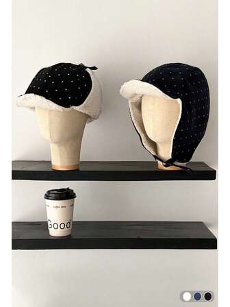 Corduroy Baseball Cap, Polka Dot Fuzzy Trapper Hat For Women, Winter Warm Ear Protection, Windproof Cycling Aviator Cap, Thermal-Lined For Warmth