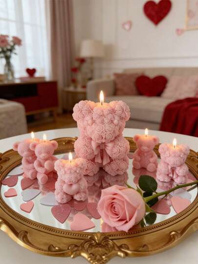 Valentine's Day DIY Rose Bear Aromatherapy Candle Silicone Mold With Bow - Handcrafted Diffuser Stone & Home Decor Craft Tool, White, Bear Candle Mold, Rose, Furniture Decor, Fragrance