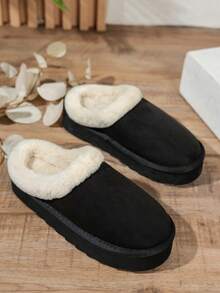 Autumn/Winter Soft Plush Warm Quiet Thick Sole Mid-Heel Closed-Toe Slippers For Teenagers, Girls Fashion Simple Versatile Casual Slip-On Slippers