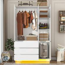 3Doors Armoire Wardrobe Closet With 3 Drawers & Mirror, Modern Wooden Bedroom Armoires With Hanging Rod USB Powered Led Lights For Bedroom - 白色-3門 - 查看 6