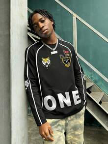 Men's Minimalist Sports Racing Print Colorblock Round Neck Short Sleeve T-Shirt, Digital Print Long Sleeve, Spring/Autumn - Black - View 1