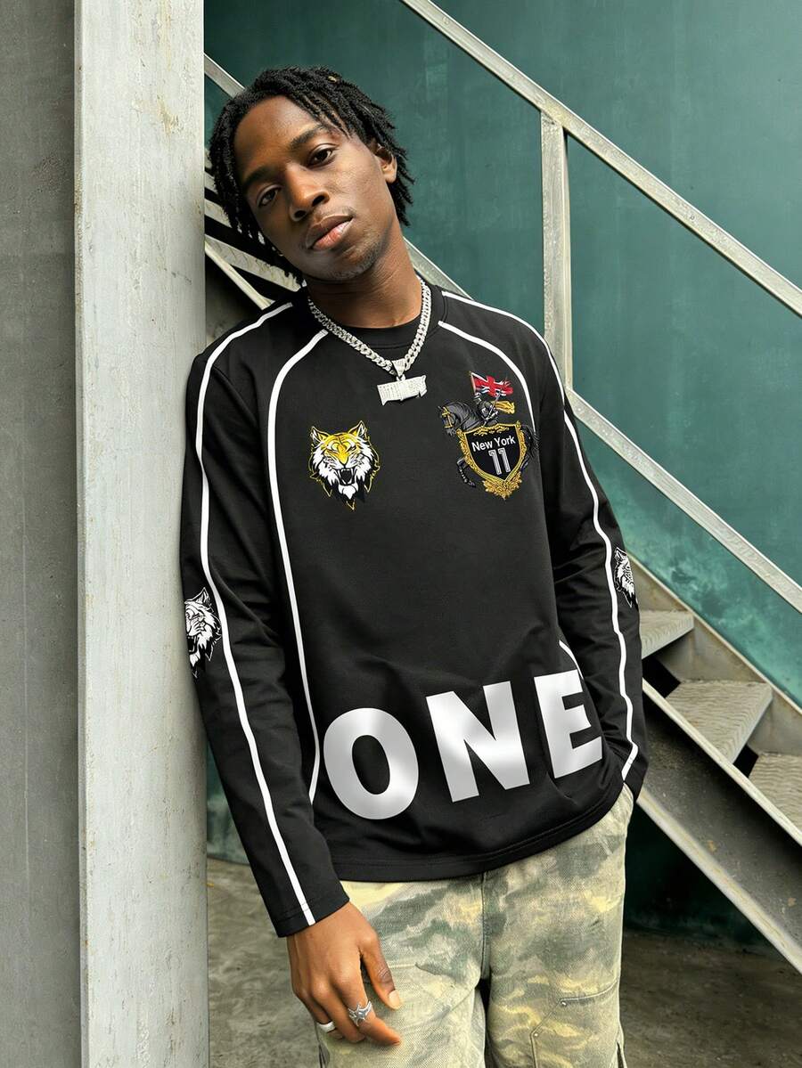 Men's Minimalist Sports Racing Print Colorblock Round Neck Short Sleeve T-Shirt, Digital Print Long Sleeve, Spring/Autumn - Black - View 1