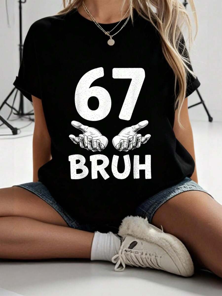 Camiseta divertida 67 6 Números Seis Siete Bruh, camisetas gráficas para mujeres, tops cortos, conjuntos de verano para mujeres, tops de verano - Negro - Ver 1
