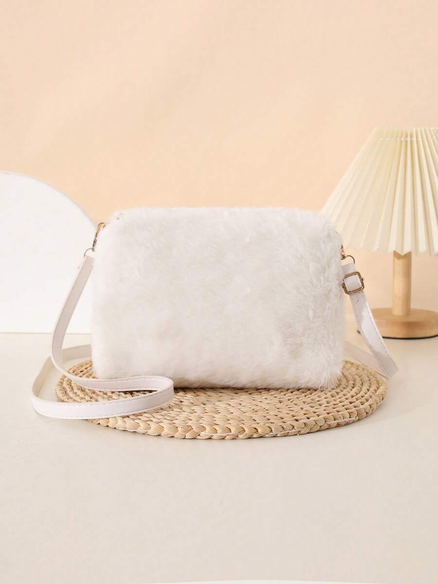 Fashionable Plush Women's Handbag, Soft Texture Furry Small Square Shoulder Crossbody Bag - White - View 1