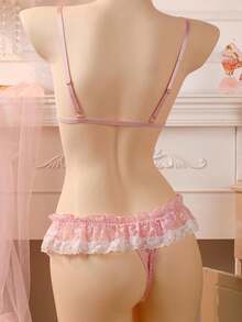 Women 2 Pieces Lingerie Nightwear Set, Lace Patchwork Bowknot Front Sleeveless Bra Ruffles Thong Sleepwear Suit - 粉色 - 查看 8