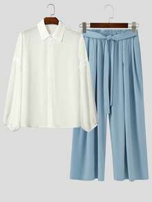 Mens Buttons Puff Long Sleeve Blouse Sheer Tops Shirt Elastic Waist Long Pants Wide Leg Trousers Casual 2PCS Sets Outfits - 藍色 - 查看 3