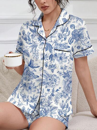 HOREA 女士两件套印花家居服套装，包括短袖翻领上衣和松紧腰短裤，休闲睡衣家居服两件套