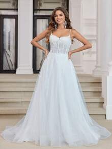 Gorgeous And Elegant Floral Print Lace Applique A-Line Wedding Dress, Suitable For All Seasons - Beige - View 1