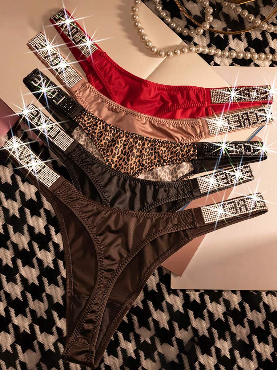 5pcs Sexy Thongs Womens Panties Rhinestone Low Waist Underwear Soft Breathable Comfortable Female Lingerie Good Elasticity Opaque Suitable For Daily Work Sports And Dating Sexy Gifts For Lovers Womens - 混合色1 - 查看 1