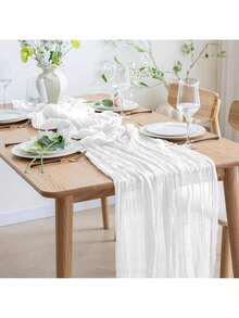 1pc 90*180/300/400cm Olive Green Bali Gauze Table Runner, Crinkle Texture Table Runner, Farmhouse Wedding Decor, Suitable For Christmas, Party, Wedding, Home Decoration, Dining Table Center Piece - Solid Color - View 3