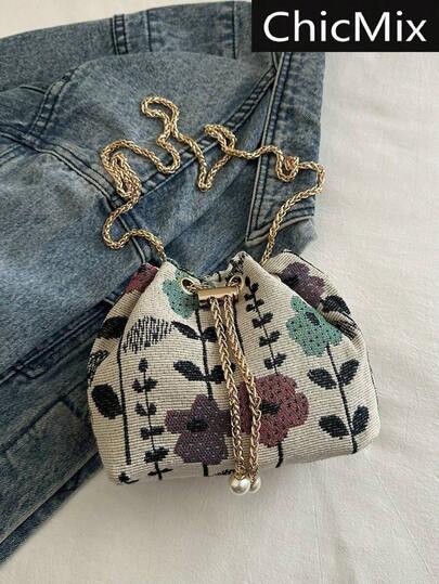 Colorblock Fabric Floral Embroidery Chain Strap Bucket Crossbody Bag