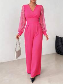 Elegant Women's Jumpsuit, Sophisticated Black V-Neck Long Sleeve, Straight Leg Design, Sheer Mesh Panels, Rivet Decor, Machine Washable, Showcasing A Refined Style - Hot Pink - View 5