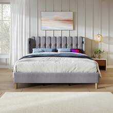 Upholstered Double Bed With USB Type-C Charging Function, Bed Frame With Slatted Base, Upholstered Bed In Grey, 160 X 200 Cm Bed Frame, Youth Bed For Bedroom/Guest Room - Linen Material (With Mattress) - Grey - View 9