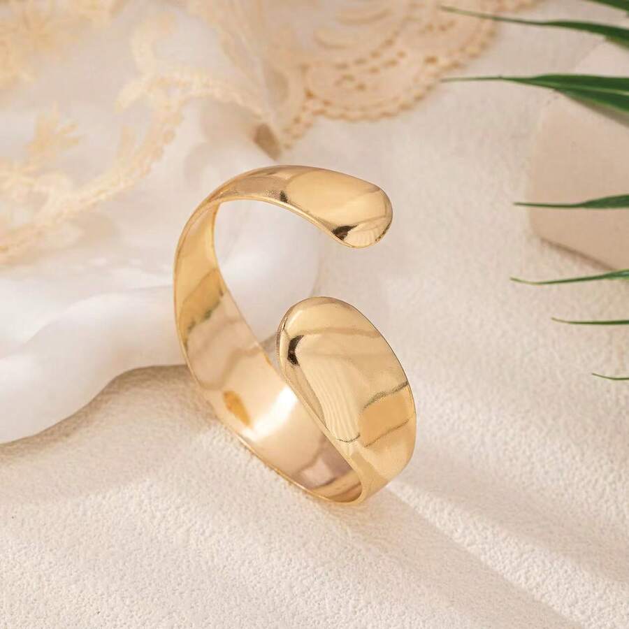 Fashionable Curved Arc Smooth Bangle Bracelet, Gold Color, Adjustable Open Cuff Design - Gold - View 1