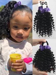 1件装 卷曲马尾假发，自然逼真，适合儿童，采用合成纤维制成，黑色发圈搭配可爱天鹅绒弹力发带。 - 自然黑 - 查看 11