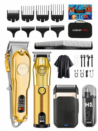 HINEA HIENA 四件套金色无线电动理发器套装，配备可充电锂电池、LED 无线电动理发器、LED 金色造型剪刀、单网胡须修剪器（用于清洁）、360° LED 鼻毛修剪器，美发沙龙造型清洁四件套，精美礼盒包装，男士清洁工具套装，给他带来完美体验