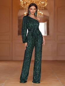 Faeriesty Women's Chic Asymmetric One-Shoulder Formal Evening Jumpsuit With All-Over Sequin Embellishment, Elegant Fitted Silhouette For Glamorous Night Out, Luxury Banquet Pantsuit For Wedding Anniversary Gala, New Year's Eve Celebration, Formal Holiday Party, Red Carpet Event - Dark Green - View 2