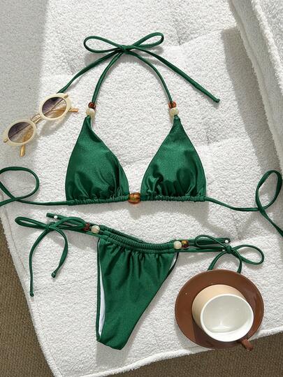 Lucky Girl 2026 Spring/Summer New Women's Green Shiny Fabric Basic Simple Fashion Swimsuit, Brown Vintage Beaded Decor 2-Piece Swimsuit Set, Vacation Outfits