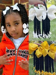2pcs Kinky Marley Ponytail With Elastic Band Soft Hair Girl Braided With Bow Clip, Flower Clip In The End Ponytail - Black - View 2