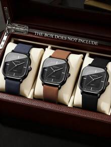 3pcs/Set Minimalist Casual Men's Quartz Watch, Blue/Brown/Black Leather Strap With Square Black Dial Quartz Watch Set. The Square Black Minimalist Dial Paired With Blue/Brown/Black Leather Straps, Comfortable And Fitting, With A Simple And Steady Style To Showcase The Elegant Elegant Of Men. - Multicolor - View 18